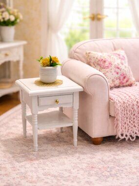 Dollhouse White Side Table w/ Flower Pot Miniature Furniture Mini End Table 1:12